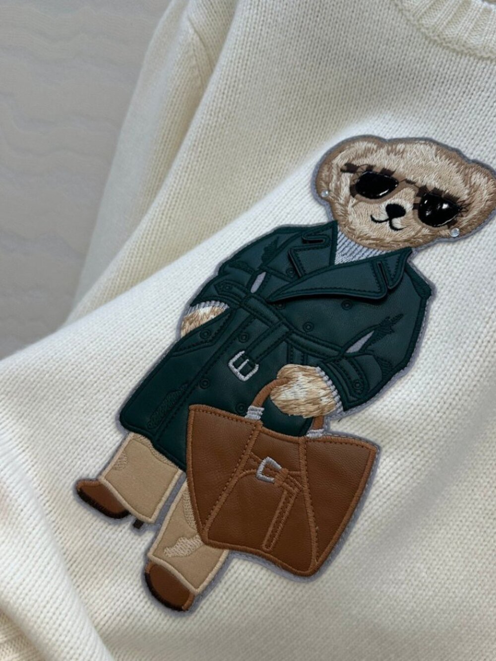 Polo Ralph Lauren Cream White Fancy Trench Coat Bear Embroidery Crewneck Sweater - Picture 5 of 7